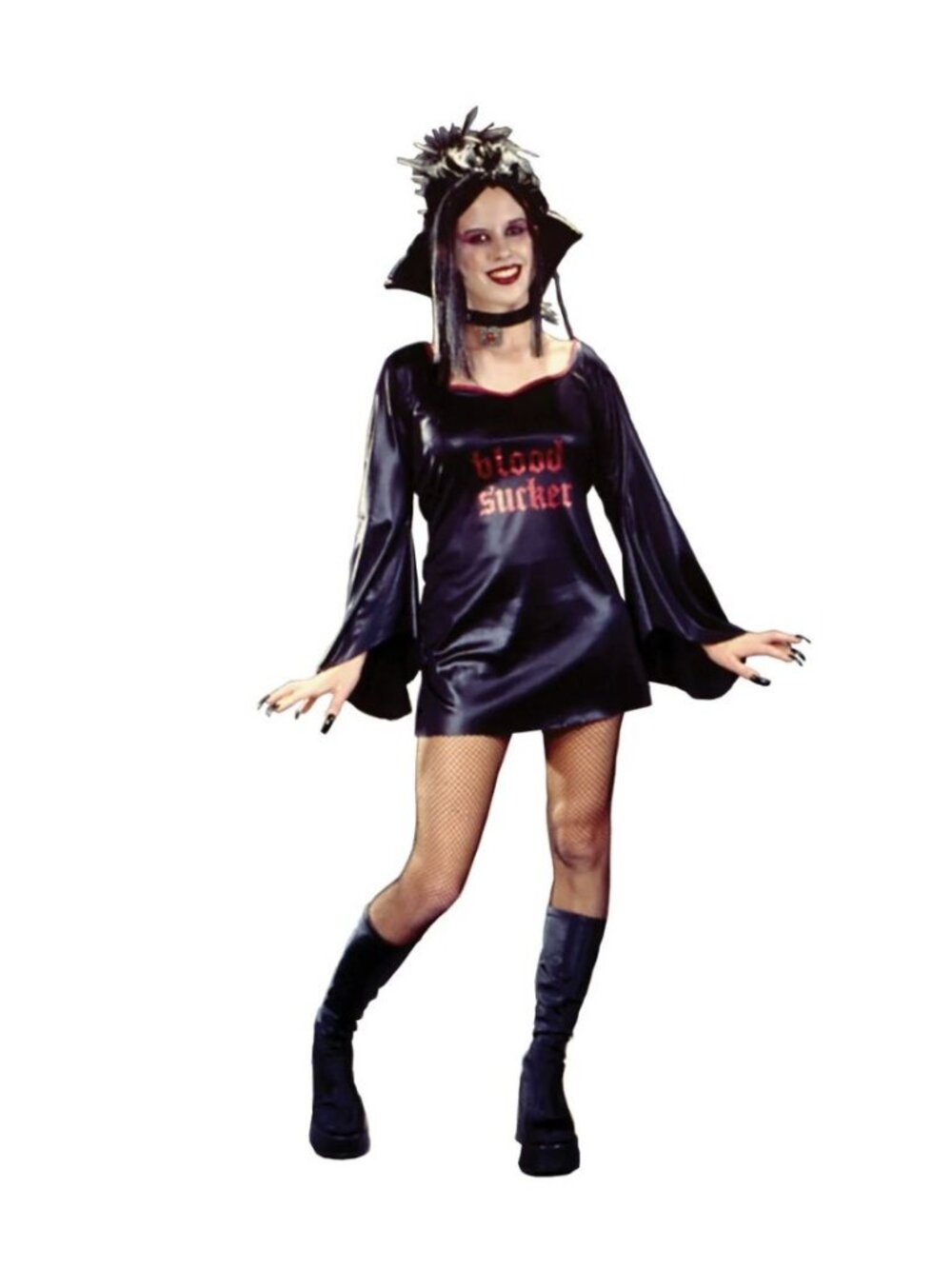 Blood Sucker Teen Vampiress Costume With Gothic Wet Look Mini Dress & Collar Med
